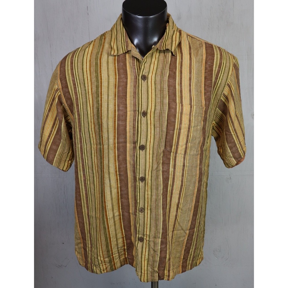 Tommy Bahama Shirt Hawaiian Button Up Brown Striped‎ Loop Collar Size M Silk